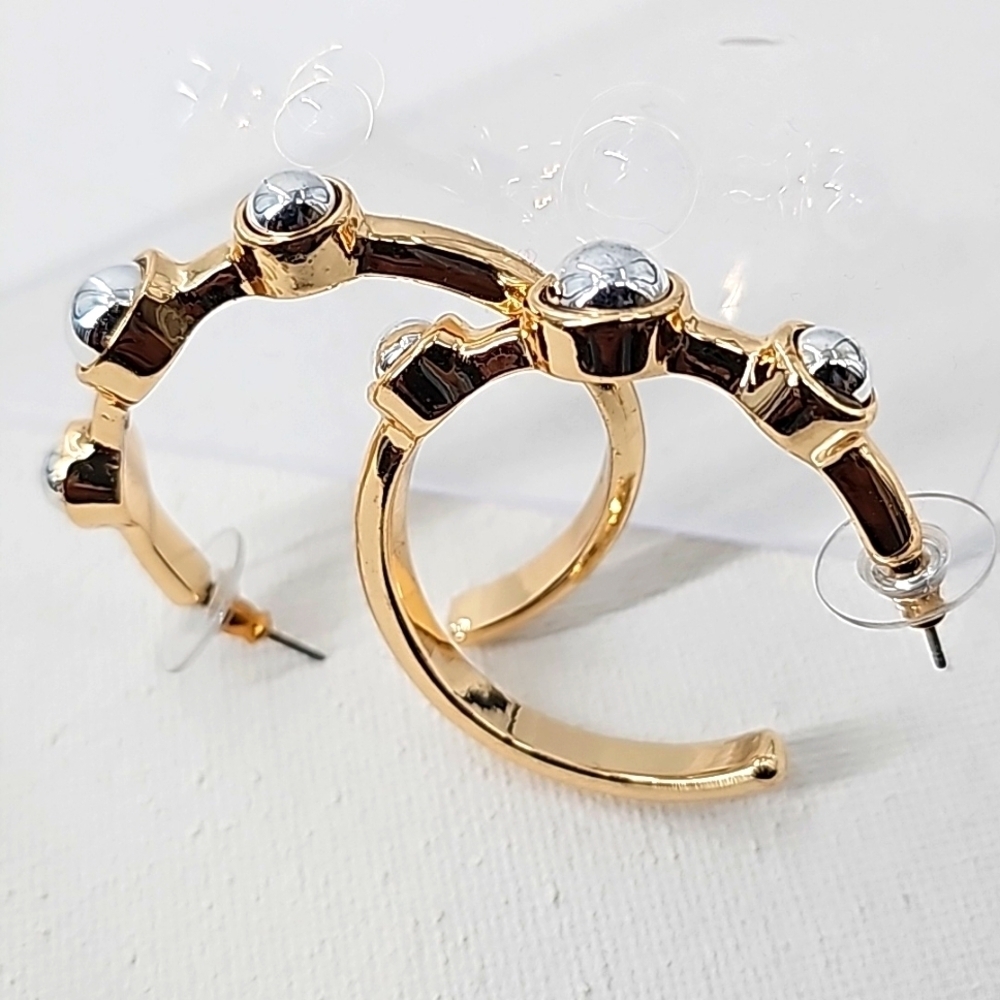 Chico's Stunning Gold‎ Hoops w Encased Sparkling Silver Balls